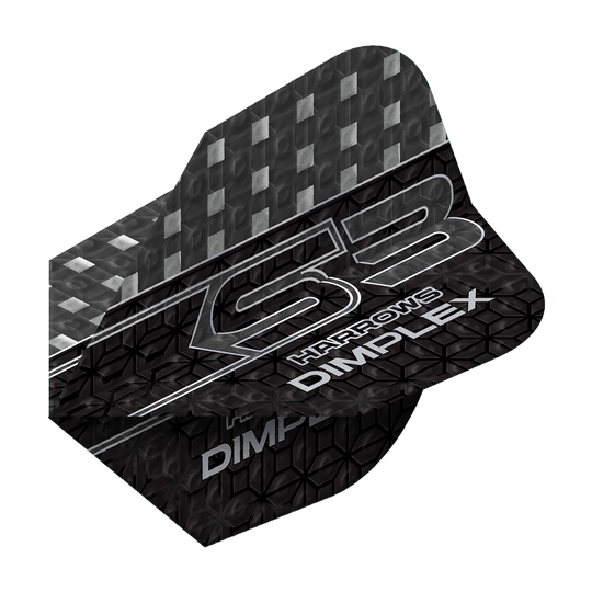 Lety Harrows Dimplex S3 - Smokey Das Bild zeigt ein Dart-Flügel mit dem Namen "Harrows Dimplex S3 Flights - Smokey". Das Design ist überwiegend schwarz mit silbernen Mustern und Schriftzügen.
