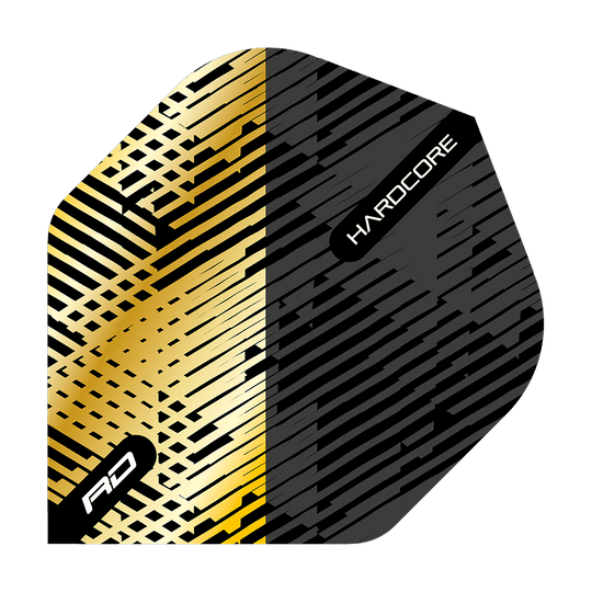 TF6832_Red_Dragon_Hardcore_Premium_Gold_Black_Fleck_Standard_Flights_10z4PO17LRq45a Dieses Bild zeigt ein Dartflight mit einem auffälligen Design in Gold und Schwarz. Auf dem Flight sind die Worte „RD“ und „HARDCORE“ zu sehen.
