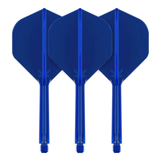 System lotu Target K-Flex No2 Standard – niebieski Auf dem Bild sind drei blaue Dart-Flights mit Schaft zu sehen. Sie stehen nebeneinander und haben eine standardisierte Form.