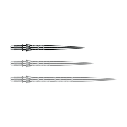 Stalowe groty do lotek Winmau Switch Point Wave – efekt srebrny Das Foto zeigt Winmau Switch Point Wave Silver Effect Steeldartspitzen mit 26 mm. Die silberfarbenen Steeldartspitzen sind in der Nahaufnahme sichtbar.