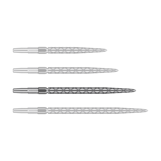 Target Swiss Diamond Pro Silver Points dart tips Das Bild zeigt vier silberne Dartspitzen, die nebeneinander liegen. Jede Spitze hat eine rautenförmige Struktur und ist aus Metall gefertigt.