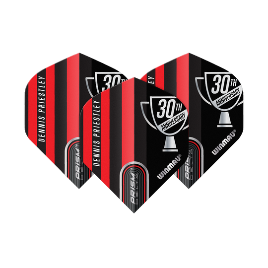 Voli standard Winmau Prism Delta Dennis Priestley Diamond 3-Zero No2 Das Bild zeigt drei Dartflights der Marke Winmau in rot-schwarzem Design. Auf den Flights steht "Dennis Priestley" und "30th Anniversary".