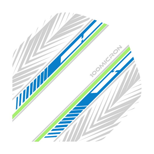 Vuelos de pentatlón blanco/azul/verde Das Bild zeigt ein Dartflight in Weiß mit blauen und grünen Streifen sowie grauen Mustern. Auf dem Flight steht der Text "100MICRON".