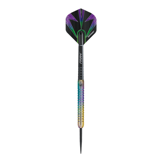 Ocelové šipky Winmau Foxfire Urban Das Bild zeigt einen Winmau Foxfire Urban Steeldart mit buntem Schaft und moderner Optik. Die Flight ist schwarz mit lila und grünen Akzenten gestaltet.