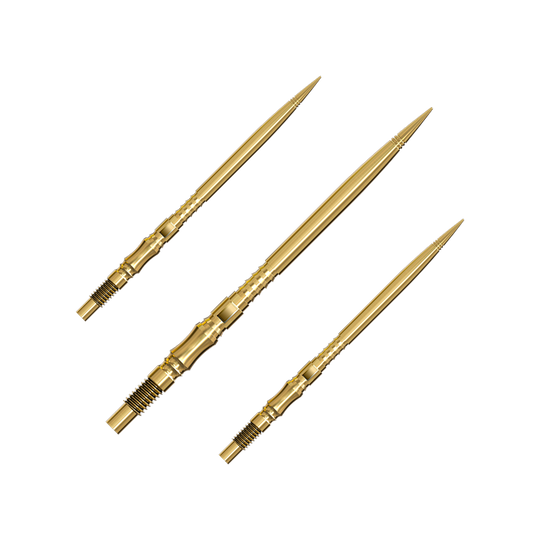 Harrows Quick Point Axis Elite Series Dartspitzen - Gold Ein Set von mehreren goldfarbenen Dartspitzen liegt nebeneinander. Die Spitzen sind gut sortiert und übersichtlich angeordnet.