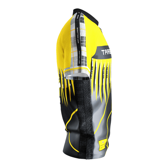 Koszulka do darta Target Coolplay Scott Williams 2025 Das Bild zeigt das "Target Coolplay Scott Williams 2025 Dartshirt". Das Shirt hat ein auffälliges Design in Gelb, Schwarz und Grau mit modernen Mustern.