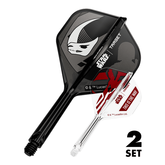 Das Bild zeigt das Produkt mit dem Dateinamen 410621_Target_StarWars_K-Flex_Mandalorian_2PackSet_No2_Standard_Flights_26mm_1. Es handelt sich vermutlich um Dartzubehör mit Star Wars Mandalorian Motiv.