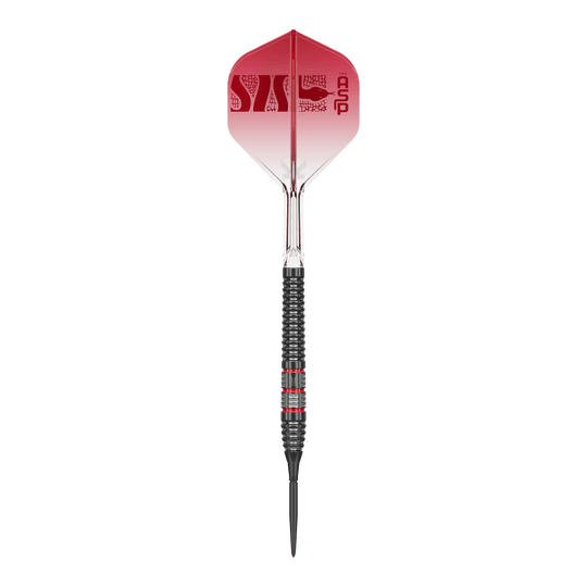 Šipky Target Nathan Aspinall 95K Swiss Point Steel Foto von Target Nathan Aspinall 95K Swiss Point Steeldarts. Die Steeldarts sind aus einer bestimmten Perspektive zu sehen.