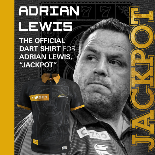 T-shirt de fléchettes Target Adrian Lewis 2026 Das Bild zeigt das Target Adrian Lewis Dartshirt 2026. Dieses Shirt ist für Darts-Fans und Sammler konzipiert.