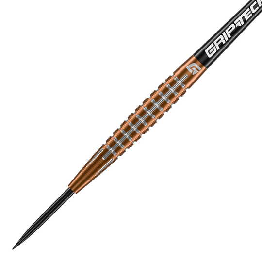 Dardos de acero de tungsteno GOAT Quarterback V1 Das Bild zeigt einen GOAT Quarterback V1 Tungsten Steeldart. Der Dart hat einen goldenen, geriffelten Schaft und eine schwarze Spitze.