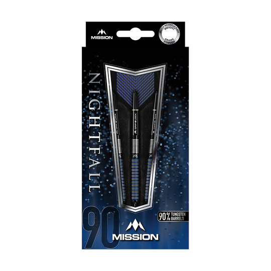 Mission Nightfall Model 1 Steeldarts Das Bild zeigt die Verpackung der "Mission Nightfall Model 1 Steeldarts". Die Darts bestehen zu 90 % aus Tungsten und sind elegant in einer blau-schwarzen Schachtel präsentiert.