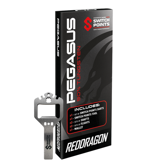 Das Bild zeigt die Red Dragon Pegasus Switch Point Steeldarts. Die Pfeile sind hochwertig verarbeitet und ideal für Turniere geeignet.