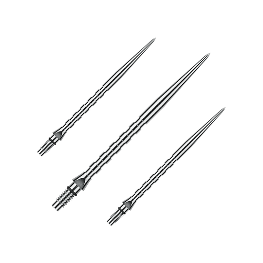 Winmau Switch Point Groove steel dart tips - Silver Effect Abgebildet ist ein Set von silbernen Winmau Switch Point Groove Steeldartspitzen, 40 mm lang. Es sind typische Ersatzspitzen für Steeldarts.