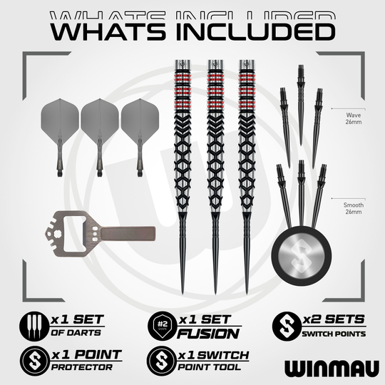 Das Bild zeigt die Winmau Fornax Tapered Switch Point Steeldarts. Es sind hochwertige Darts mit einem spitz zulaufenden Design.