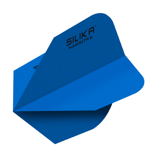 Harrows Silica Solid, odolný krystalický povlak, modrý č. 6, letky Das Bild zeigt blaue Dartflights mit der Aufschrift "Silika Harrows". Die Flights haben eine feste, kristalline Beschichtung und sind in der Form No6 gestaltet.