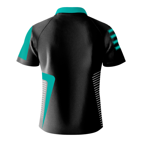 Maglietta Bulls Team Dart - Menta Das Bild zeigt das "Bulls Team Dartshirt - Mint" von hinten. Das Shirt ist überwiegend schwarz mit mintfarbenen und weißen Akzenten.