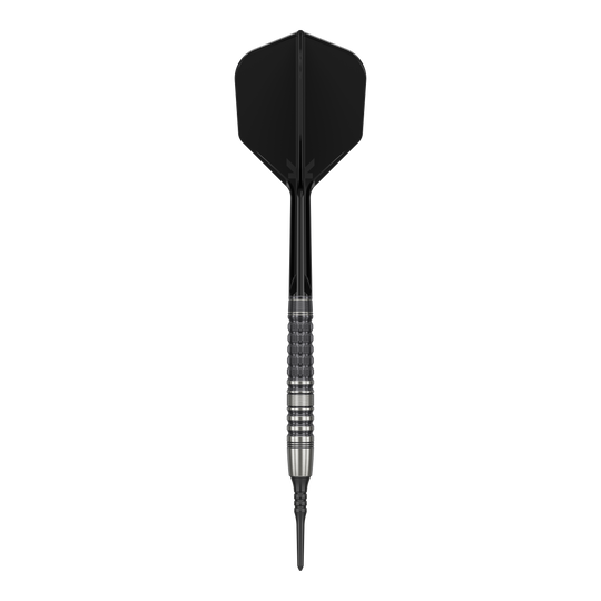 Dardos blandos Target Japan Black Marque Lumiere GEN3 - 18,5 g Das Bild zeigt einen Softdart mit schwarzer Spitze, schwarzem Shaft und Flight sowie einem silbernen, strukturierten Barrel. Es handelt sich um den "Target Japan Black Marque Lumiere GEN3 Softdarts - 18,5g".