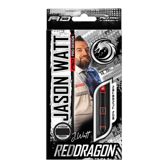 Ocelové šipky Red Dragon Jason Watt - 22g Die Abbildung zeigt die Verpackung der "Red Dragon Jason Watt Steeldarts - 22g". Auf der Vorderseite sind ein Bild von Jason Watt, der Dartpfeil und das Red Dragon-Logo zu sehen.