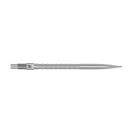 Harrows Quick Point Heavy Metal Dartspitzen - Silber Das Bild zeigt eine silberne Dartspitze mit Heavy Metal Grip, 40 mm lang. Die Spitze liegt auf weißem Hintergrund.