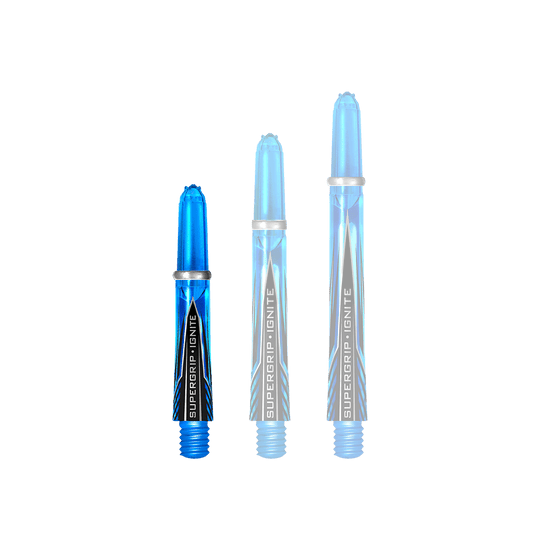 HR386_Harrows_Supergrip_Ignite_Shafts_Aqua_33mm_1 Das Bild zeigt drei Harrows Supergrip Ignite Shafts in der Farbe Aqua. Die Shafts sind unterschiedlich lang und haben ein modernes, blaues Design.