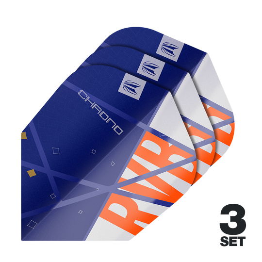 Target Pro Ultra Raymond Van Barneveld Chrono No6 Flights - 3 Sets Das Bild zeigt drei Sets der Target Pro Ultra Raymond Van Barneveld Chrono No6 Flights. Die Flights sind hauptsächlich blau mit weißen und orangefarbenen Akzenten gestaltet.