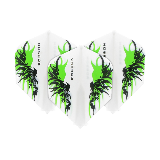 Robson Plus Flights Standard Finn White Die Abbildung zeigt drei Dart-Flights des Modells "Robson Plus Flights Standard Finn White". Sie sind weiß mit einem schwarzen und grünen Flammenmuster sowie der Aufschrift "ROBSON".