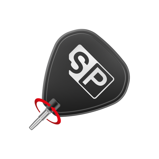 Target Swiss Point RVE Dartspitzen - Silber Das Bild zeigt eine Dartspitze mit einem schwarzen Flight, auf dem die Buchstaben "SP" zu sehen sind. Ein roter Pfeil deutet eine Drehbewegung am silbernen Teil der Spitze an.