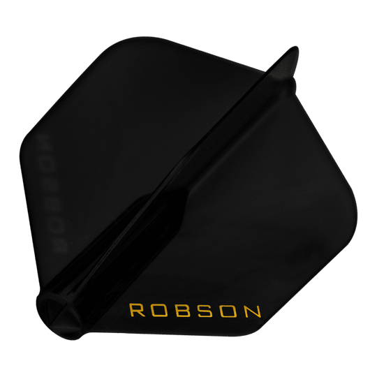 Robson Plus Standard Flights Das Bild zeigt einen schwarzen Dart-Flügel mit der Aufschrift "ROBSON" in gelber Farbe. Der Flügel hat eine standardmäßige, fünfeckige Form.