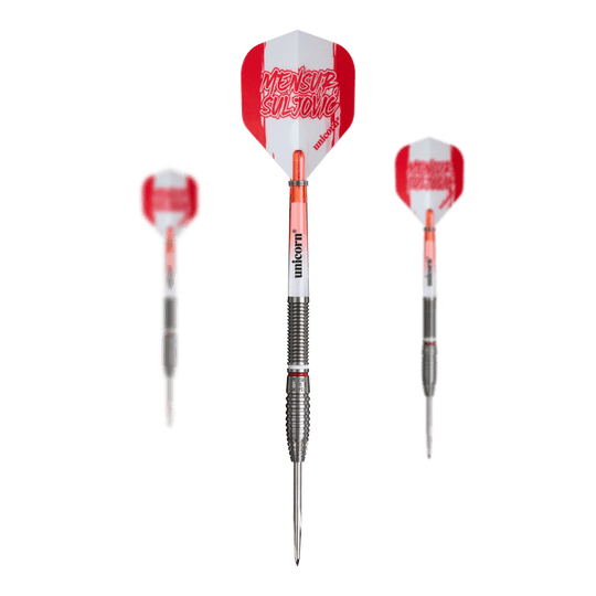 Unicorn Scale Suljovic The Gentle Steeldarts - 23g Die Abbildung zeigt Unicorn Mensur Suljovic The Gentle Steeldarts - 23g als Set. Es handelt sich um ein komplettes Dart-Set für ambitionierte Spieler.