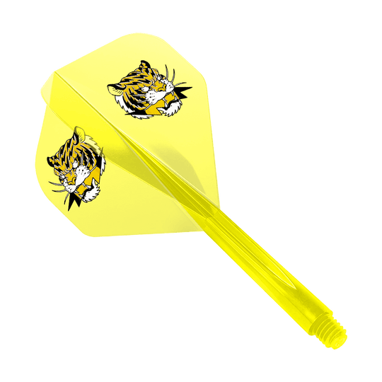 Condor AXE Inazuma Tiger Mix Flight-System Yellow Clear - Standard Das Bild zeigt einen gelben Dart-Flight mit zwei Tigerköpfen als Motiv. Das Produkt ist das "Condor AXE Inazuma Tiger Mix Flight-System Yellow Clear - Standard".