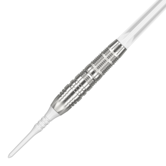 Freccette morbide Target Japan Crux Trust - 17 g Dies ist ein silberner Softdartpfeil mit einem weißen Kunststoffspitze. Das Produkt heißt "Target Japan Crux Trust Softdarts - 17g".