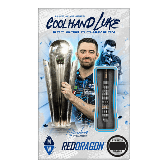 Dardos de acero Red Dragon Luke Humphries Prestige Das Bild zeigt das Produkt "Red Dragon Luke Humphries Prestige Steeldarts". Auf der Verpackung ist Luke Humphries mit einem Pokal und einem Steeldart abgebildet.