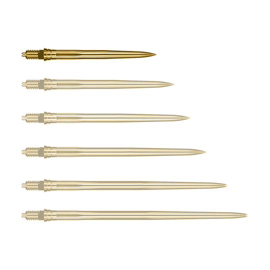 Puntas de dardo Caliburn EZ-EVO - Suaves - Doradas Auf dem Bild ist eine einzelne goldene Dartspitze zu sehen, vermutlich 28mm lang. Es handelt sich um eine Caliburn EZ-EVO Dartspitze der Variante Smooth.