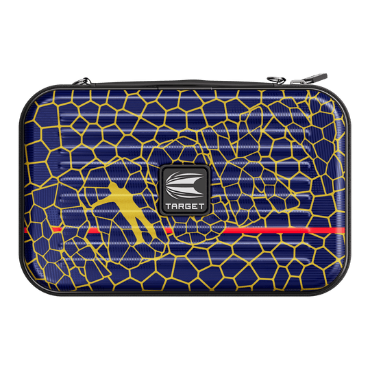 Pouzdro na šipky Target Takoma Josh Rock XL Das Bild zeigt ein Dartcase mit dem Namen "Target Takoma Josh Rock XL Dartcase". Das Etui ist dunkelblau mit einem gelben Wabenmuster und hat in der Mitte ein Target-Logo.