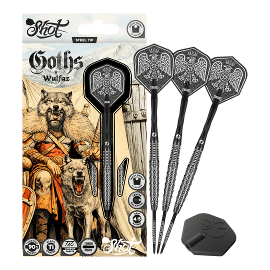 Shot Goths Wulfaz Turbo Point Steeldarts - 23g Auf diesem Bild sieht man die Shot Goths Wulfaz Turbo Point Steeldarts - 23g in voller Ansicht. Das Design ist auffällig und für Dart-Fans interessant.