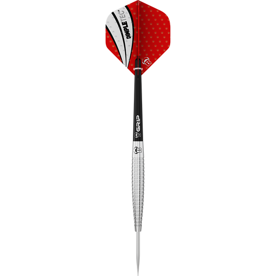 13242_Bulls_Dot_D6_Steeldarts_1XlmhtYmisFeyy Auf dem Bild ist ein Bulls Dot D6 Steeldart abgebildet. Der Dart hat eine silberne Spitze, einen schwarzen Schaft und rote Flights mit weißem und schwarzem Muster.
