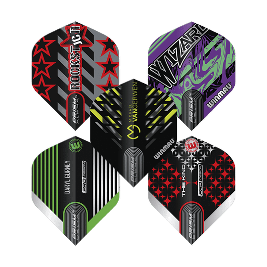 8140_Winmau_Players_Pro_Design_Prism_Flight_Collection_2 Das Bild zeigt fünf unterschiedlich gestaltete Dart-Flights aus der Winmau Players Pro Design Prism Flights Collection. Jeder Flight hat ein individuelles Design mit verschiedenen Farben, Mustern und Namen.