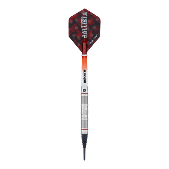 Unicorn Ballista Style 2 freccette morbide Das Bild zeigt einen Softdart aus der Produktreihe "Unicorn Ballista Style 2". Der Dart hat eine rot-schwarze Flight und einen silbernen, strukturierten Schaft.