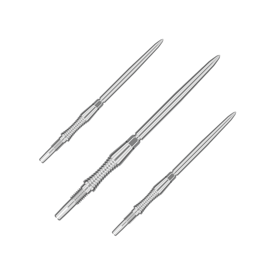 Embouts de fléchettes Target Swiss Point Signature RST - Argent Auf dem Bild sind Dartspitzen aus dem Set '340302_Target_Swiss_Point_Dartspitzen_Signature_RST_Silber_42mm_1Set' abgebildet. Mehrere silberne Dartspitzen sind zu erkennen.