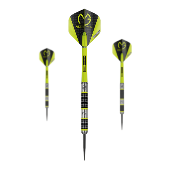 Dardos de acero Winmau Michael Van Gerwen MvG Aspire Das Bild zeigt drei Winmau Michael Van Gerwen MvG Aspire Steeldarts. Die Darts sind schwarz-gelb gestaltet und tragen das MvG-Logo auf den Flights.