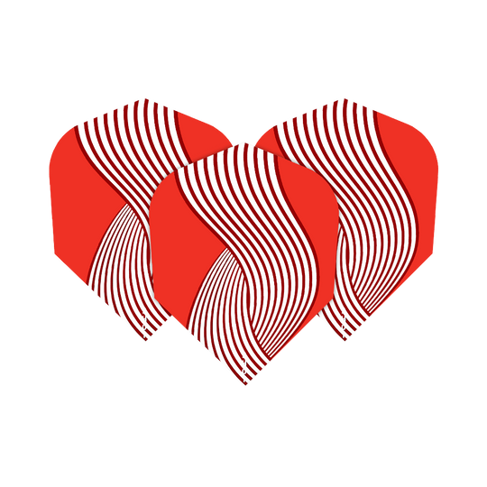 Shot ZEN Kyudo No6 Flights Das Bild zeigt drei rote Flights für Dartpfeile mit weißen, geschwungenen Linienmustern. Es handelt sich um das Produkt „Shot ZEN Kyudo No6 Flights“.