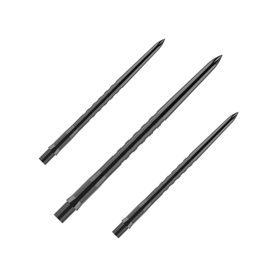 Mission Caliburn EVO Dart Tips - Grooved - Black Auf dem Bild sind drei schwarze, gerillte Steel-Dartspitzen zu sehen. Sie liegen nebeneinander auf einem einfarbigen Hintergrund.