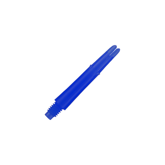 L-tvarované L-hřídele, rovné, zajištěné - modré Das Bild zeigt einen blauen geraden Dart-Schaft mit Gewinde am unteren Ende. Der Schaft ist 32 mm lang und hat keine Kappen.