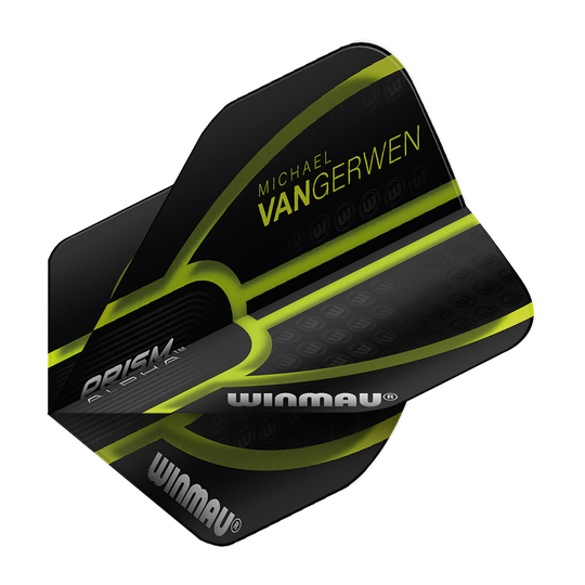 6915-143_Winmau_Prism_Alpha_MvG_Black_Green_V1_Standard_Flights_2 Winmau Prism Alpha MvG Black Green V1 Standard Flights werden dargestellt. Die Flights haben ein auffälliges schwarzes Muster.