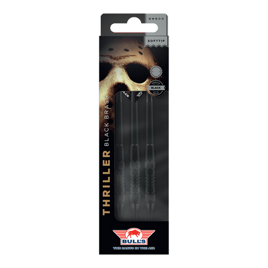 Dardos blandos Bulls NL Thriller Black Brass - 18 g Hier sind Bulls NL Thriller Black Brass Softdarts mit einem Gewicht von 18 Gramm abgebildet. Die Darts sind für das Softdartspiel konzipiert.