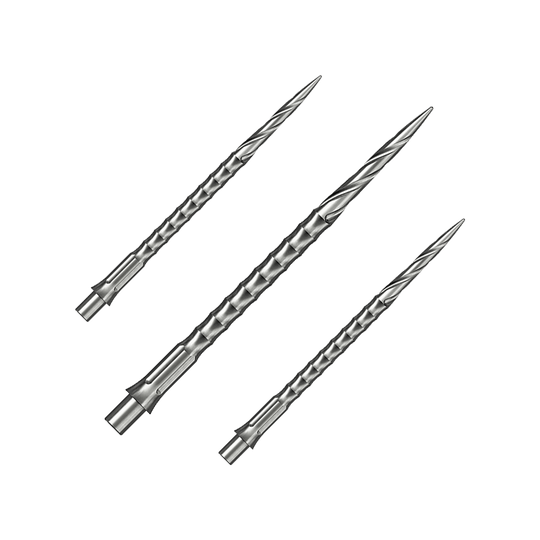 Caliburn System Steeldartspitzen - Spiro - NoLip - Silber Dieses Bild zeigt ein Set von silbernen Steeldartspitzen des Caliburn Evo Systems. Das Spiro NoLip Design ist erkennbar, die Spitzen sind 40 mm lang.