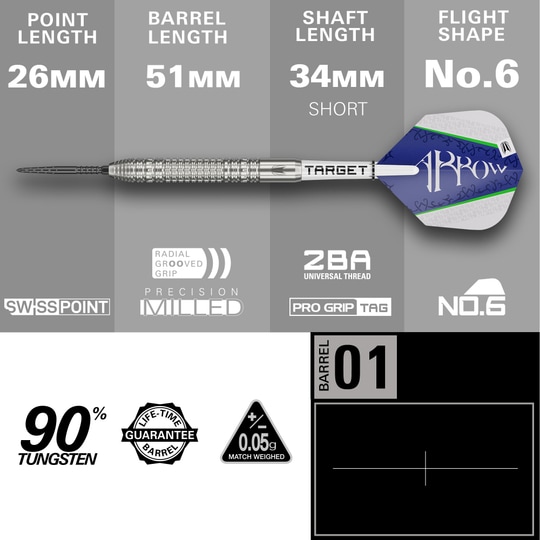 Dardos de acero Target Shane McGuirk GEN1 Swiss Point - 23 g Das Bild zeigt den Target Shane McGuirk GEN1 Swiss Point Steeldart mit einem Gewicht von 23g. Die wichtigsten Maße sind: Spitzenlänge 26mm, Barrellänge 51mm, Schaftlänge 34mm (kurz) und Flightform No.6.