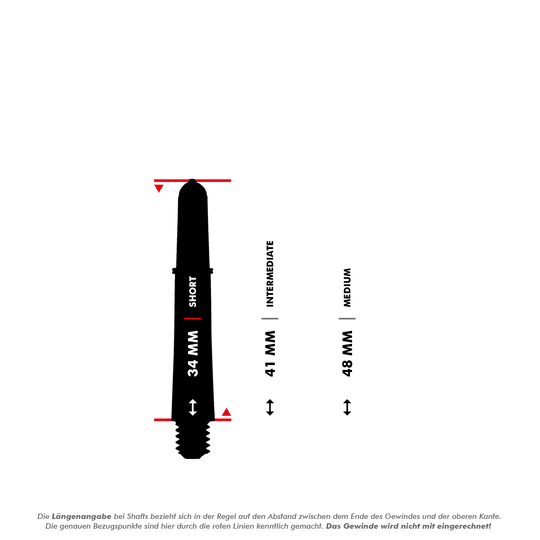 Aste Target Pro Grip Vision - 3 set - Giallo Das Bild zeigt einen kurzen Target Pro Grip Vision Shaft mit einer Länge von 34 mm. Rechts daneben sind die Größen "Intermediate" (41 mm) und "Medium" (48 mm) als Vergleich dargestellt.
