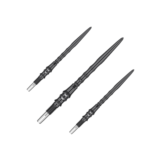 Auf dem Bild ist ein Set von schwarzen Steeldartspitzen, SwissPoint, 35 mm von Target Japan Premium zu sehen. Mehrere Spitzen sind zusammen dargestellt.