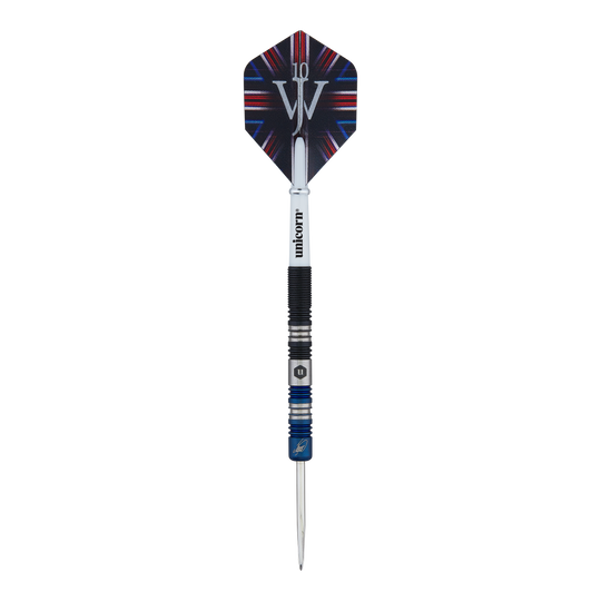 Dardos de acero bicolor Unicorn The Machine James Wade Das Bild zeigt einen Steeldart der Marke "Unicorn The Machine James Wade Two-Tone". Der Dart hat ein schwarz-blaues Design und ein Flight mit einem auffälligen Muster.